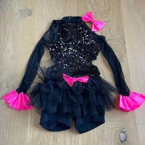 Dance costume competitive, parade sporting events. Black & pink sequin romper